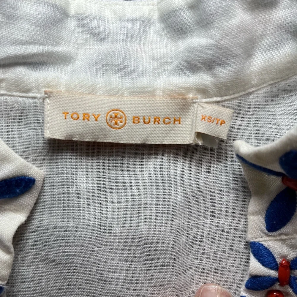 Tory Burch White Linen Tunic with Blue & Red Bead Work - Picture 4 of 6